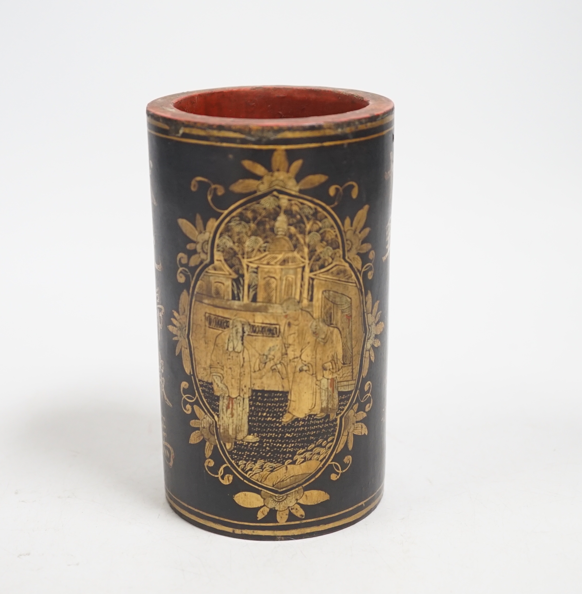 A 19th century Chinese lacquered bamboo brush pot, 12cm high